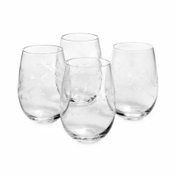 Best deal 🎁 Hotel Collection Etched Floral Stemless Wine Glasses, Set Of 4, Created For Macy's Clear 💯